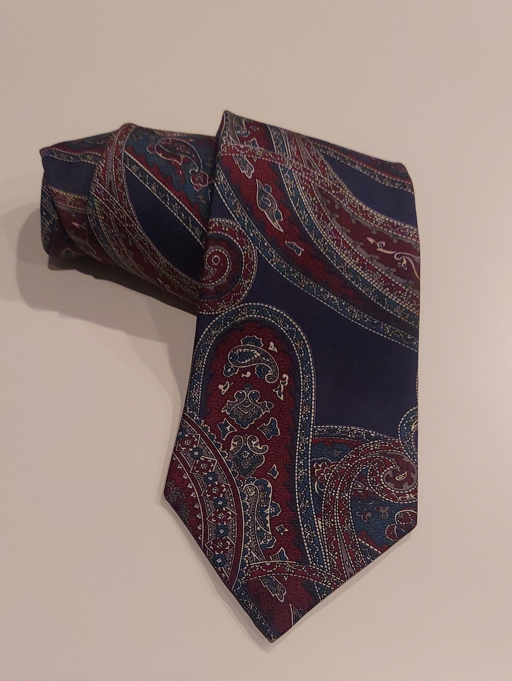 Vintage Pierre Cardin Silk Paisley Tie in Navy and Burgundy